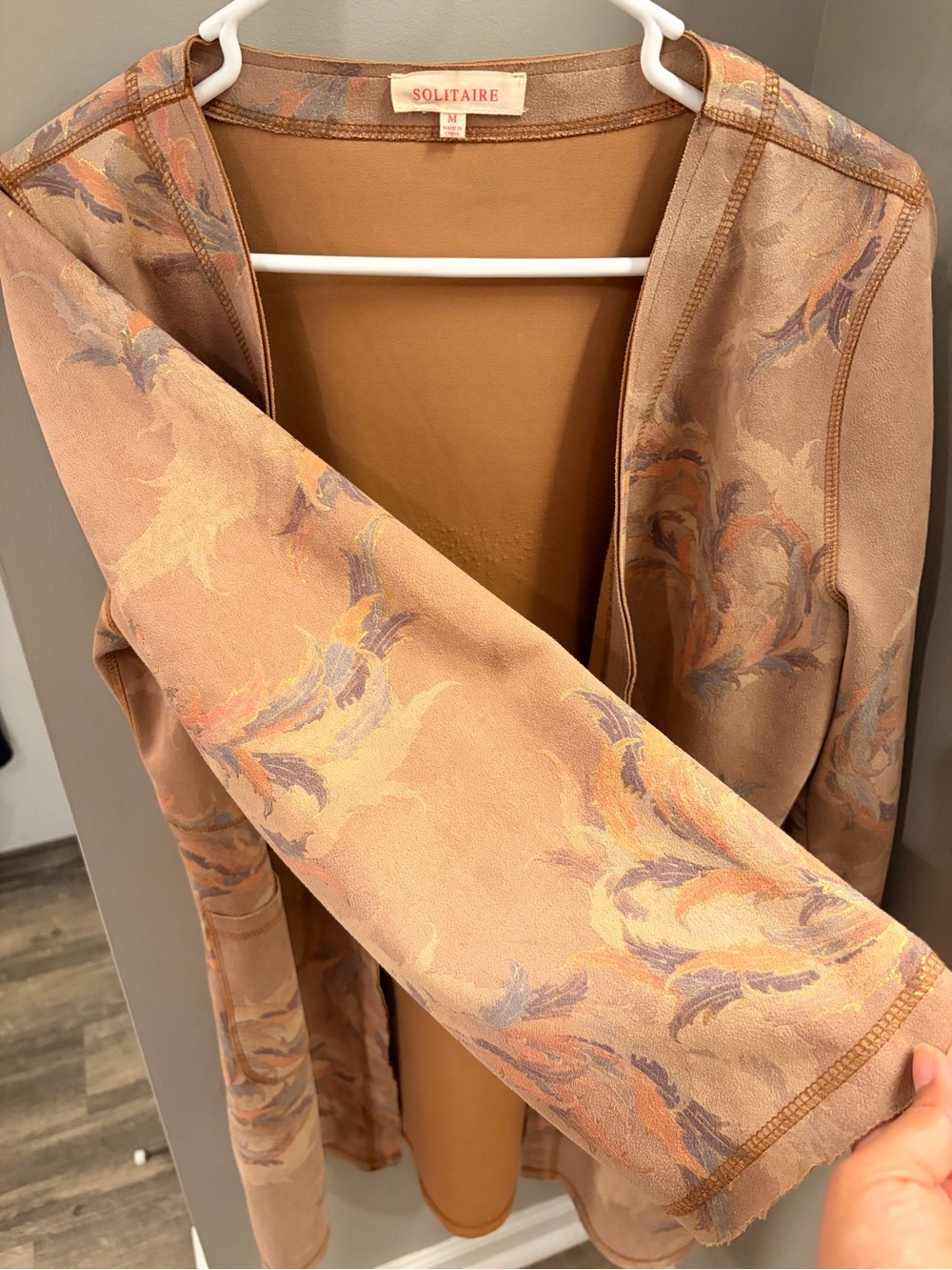 Solitaire Open-Front Cardigan Jacket - Peachy Tan with Muted Blue Accents - Picture 3 of 11